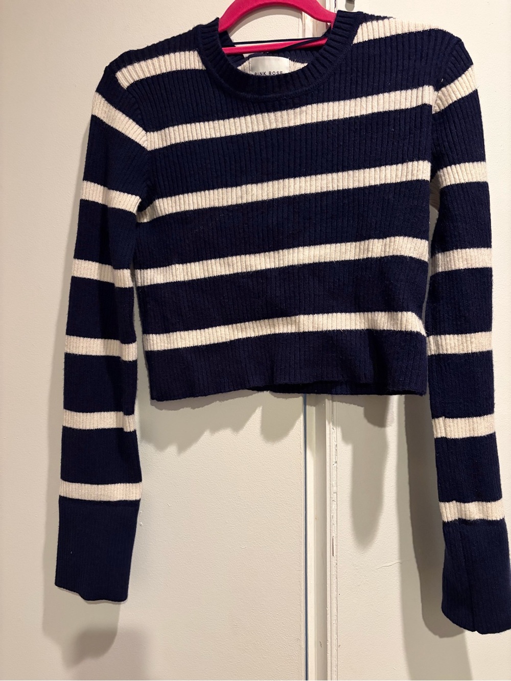 Pink Rose Navy and White Striped Cropped Rib Knit Sweater